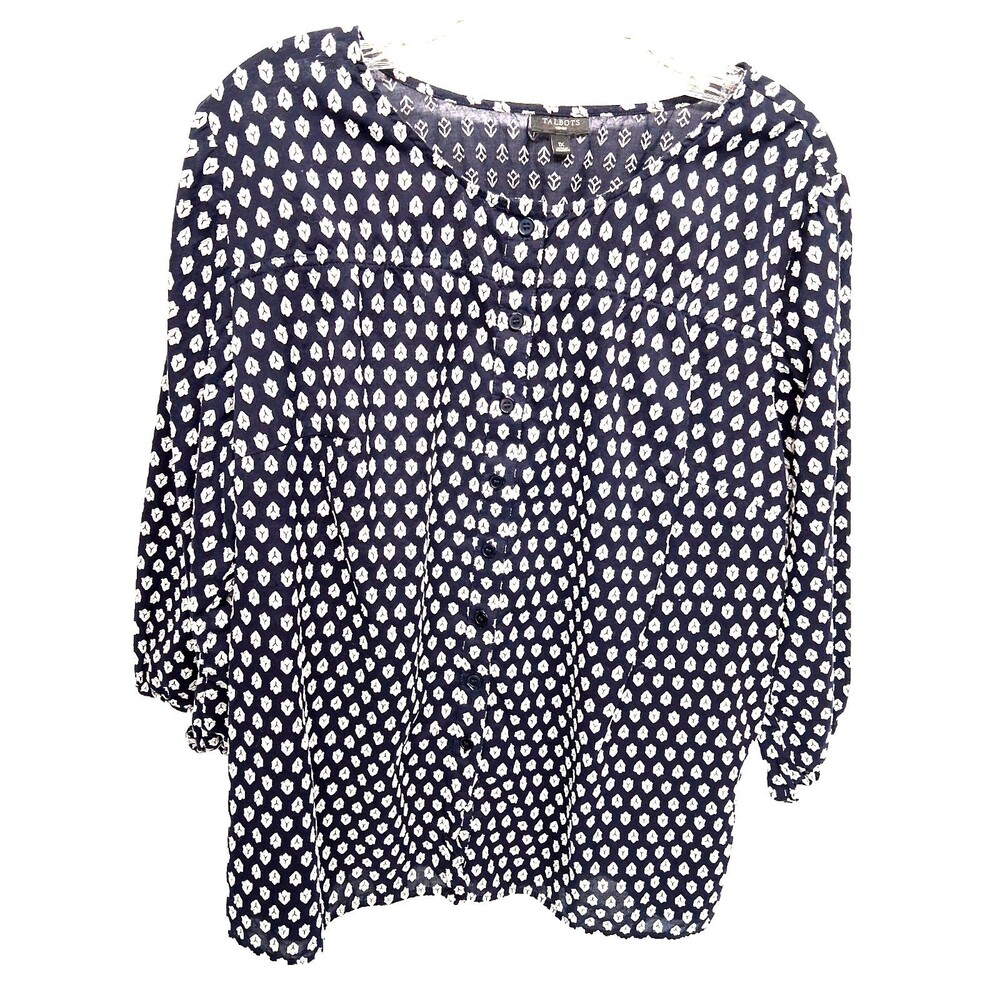 Talbots Women's Round Neckline 3/4 Sleeve Geometric Pattern Cotton Button Top XL